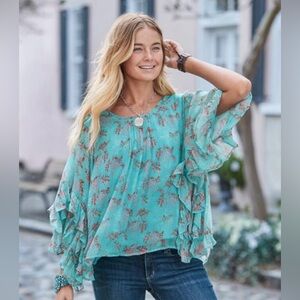 Sundance Wilde Aqua Chiffon Boho Top Tiered Ruffle Flutter Sleeves Romantic Sz S